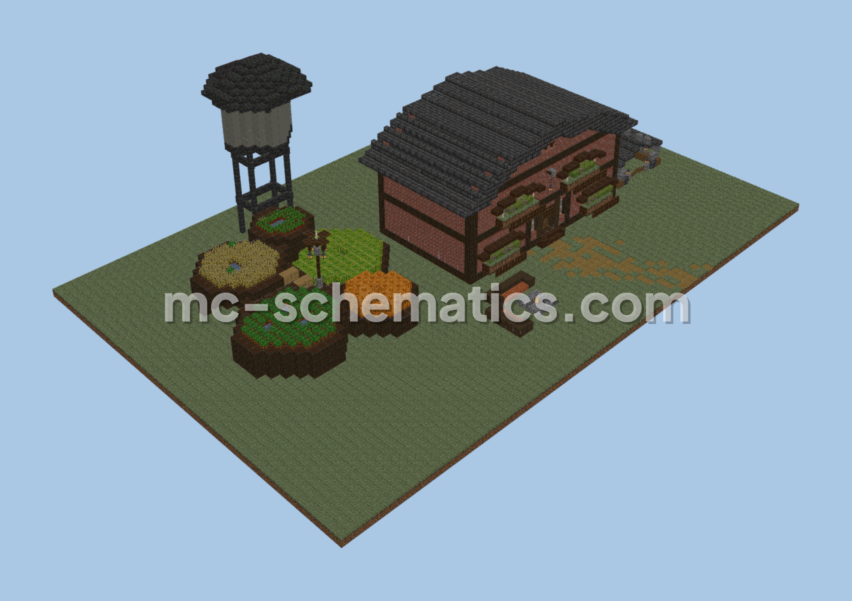 Cozy Red Brick Starter House with Homestead Farm Minecraft schematic preview