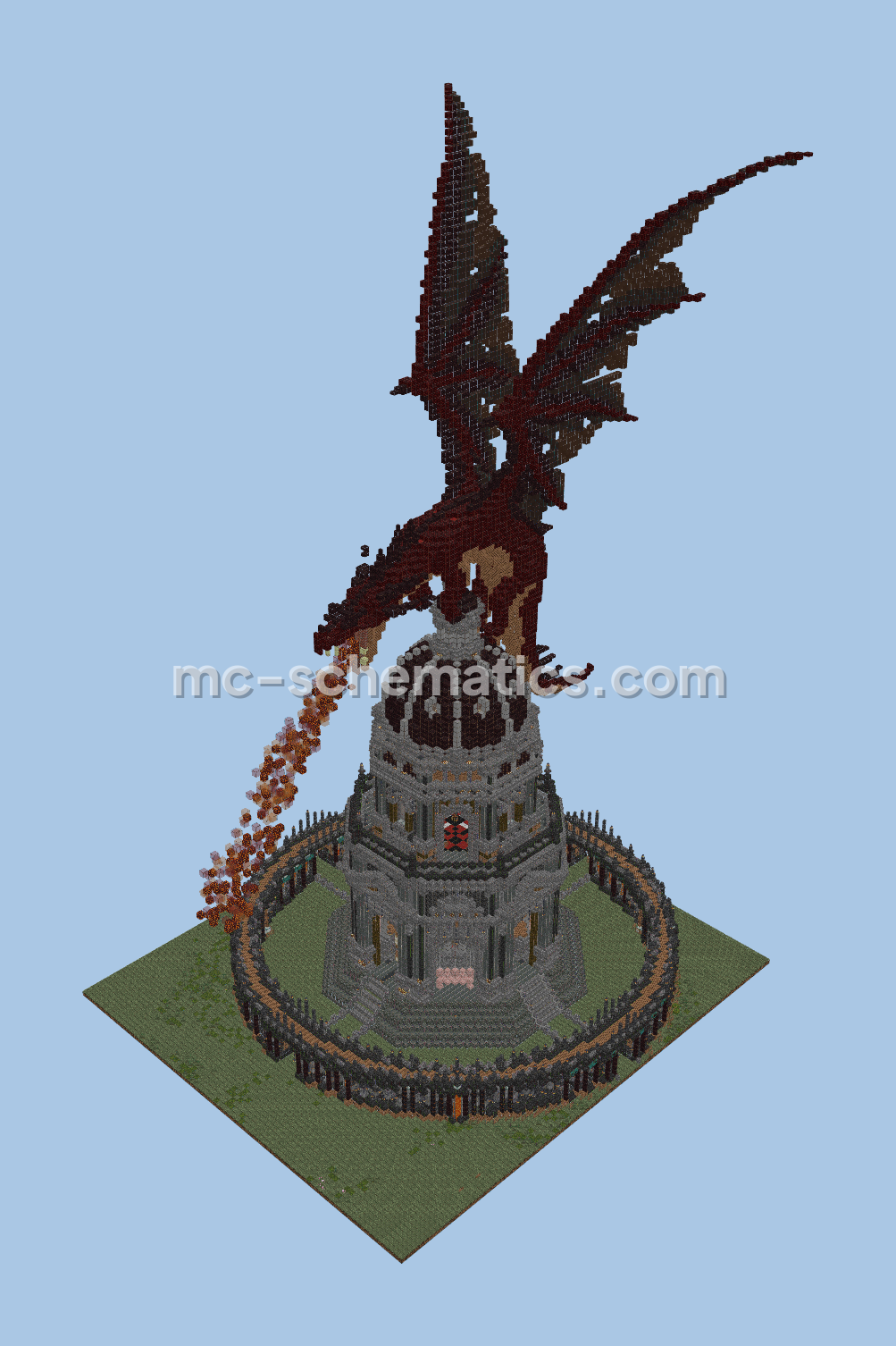 Fantasy Dragon Tower Build with Storage and Trading Hall Minecraft schematic