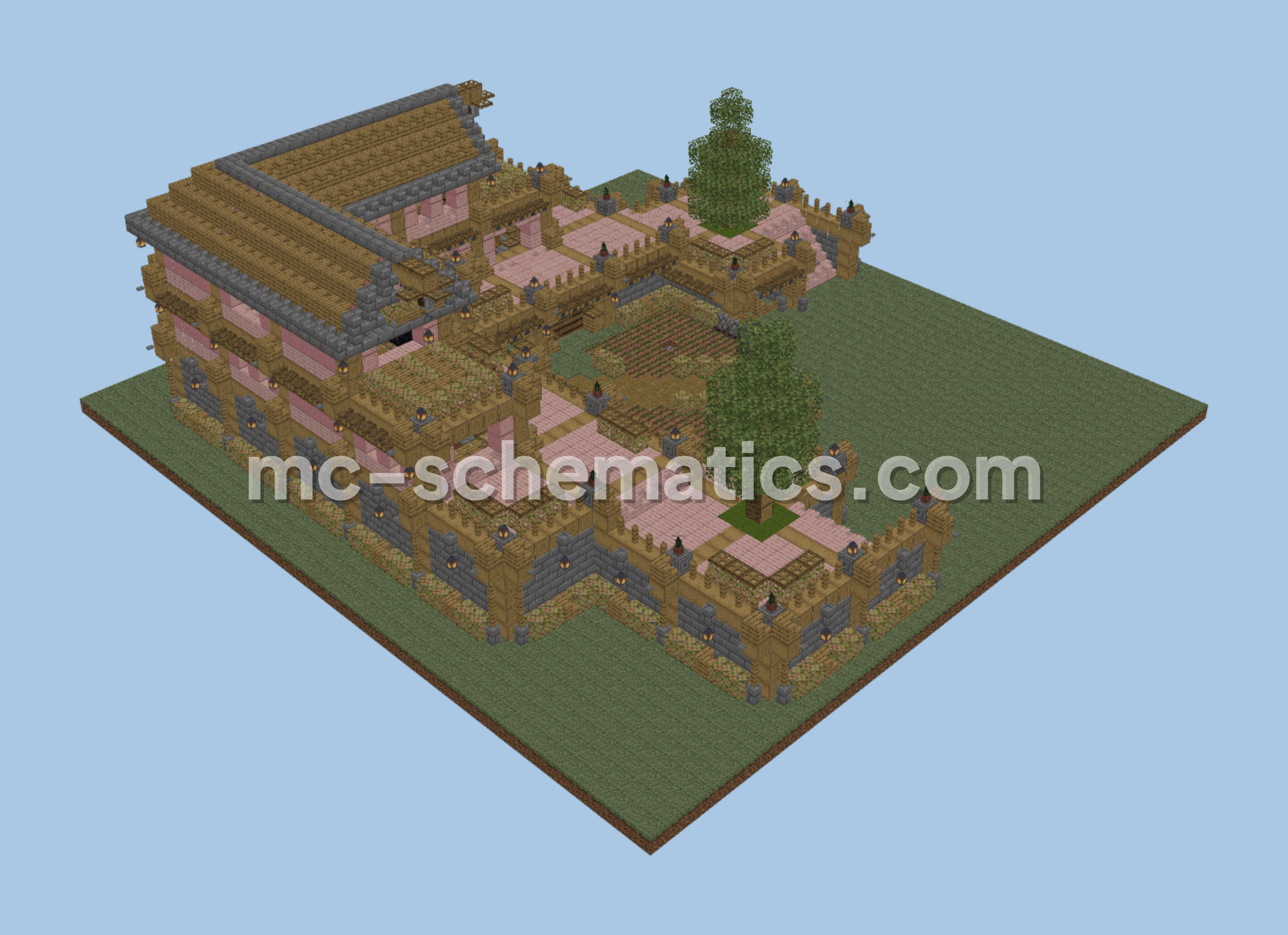 Rustic Symmetrical Mansion with Integrated Farms Minecraft schematic preview